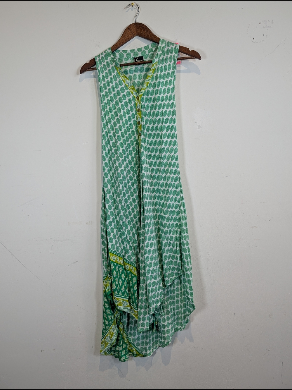 7 Islands Sleeveless Green Patterned Maxi Dress with Contrast Hem, Size L